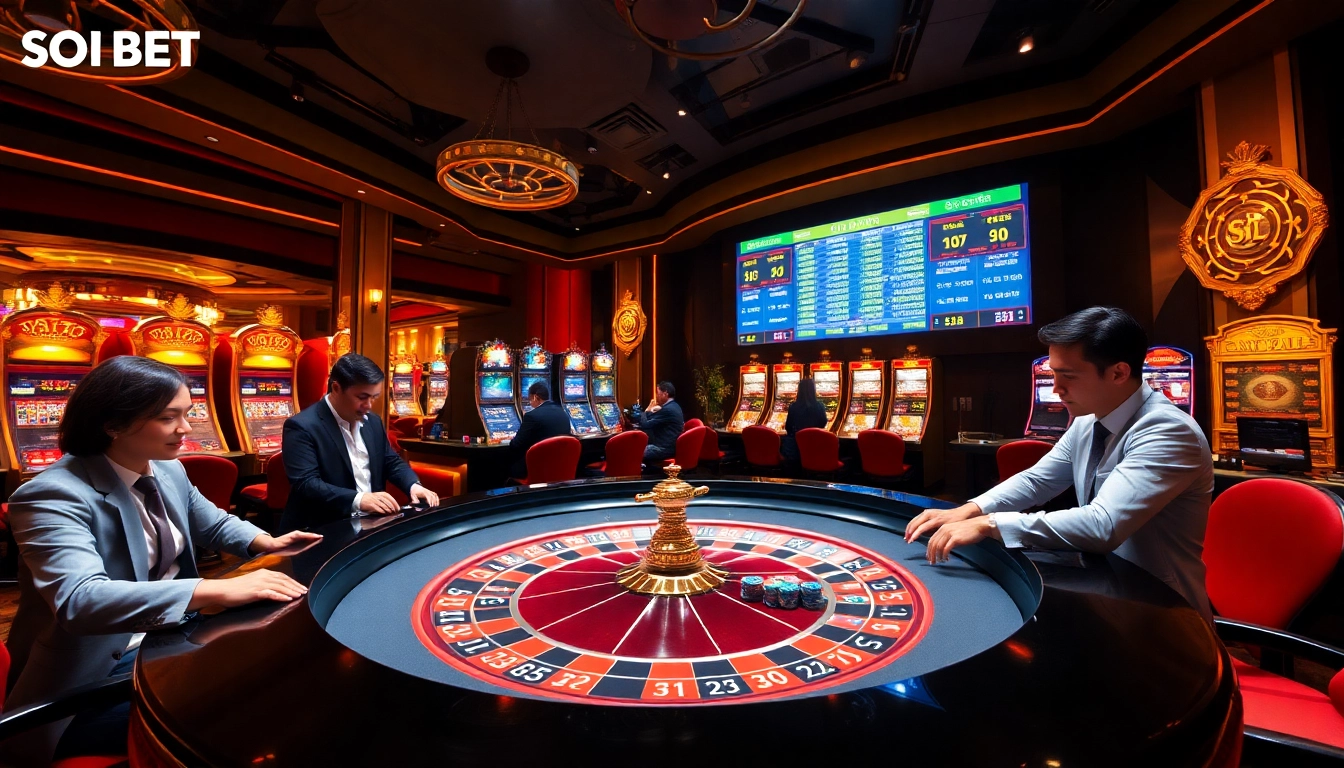 Experience the excitement of SOIBET with professional players at a vibrant roulette table in a luxurious casino.