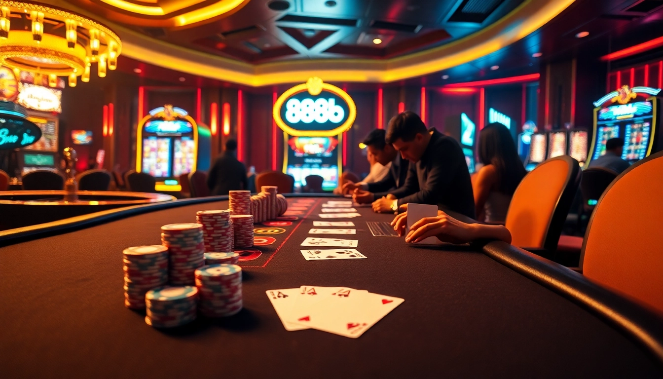 Players engaged in high-stakes poker at a vibrant 888b casino table with chips and cards.