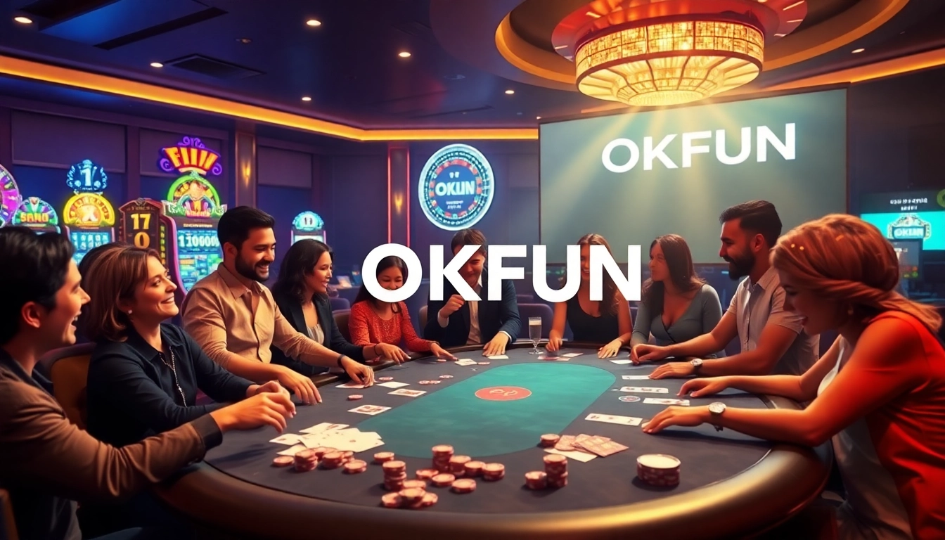 Players enjoying a thrilling poker game at the OKFUN đăng ký casino table, with chips and cards visible.