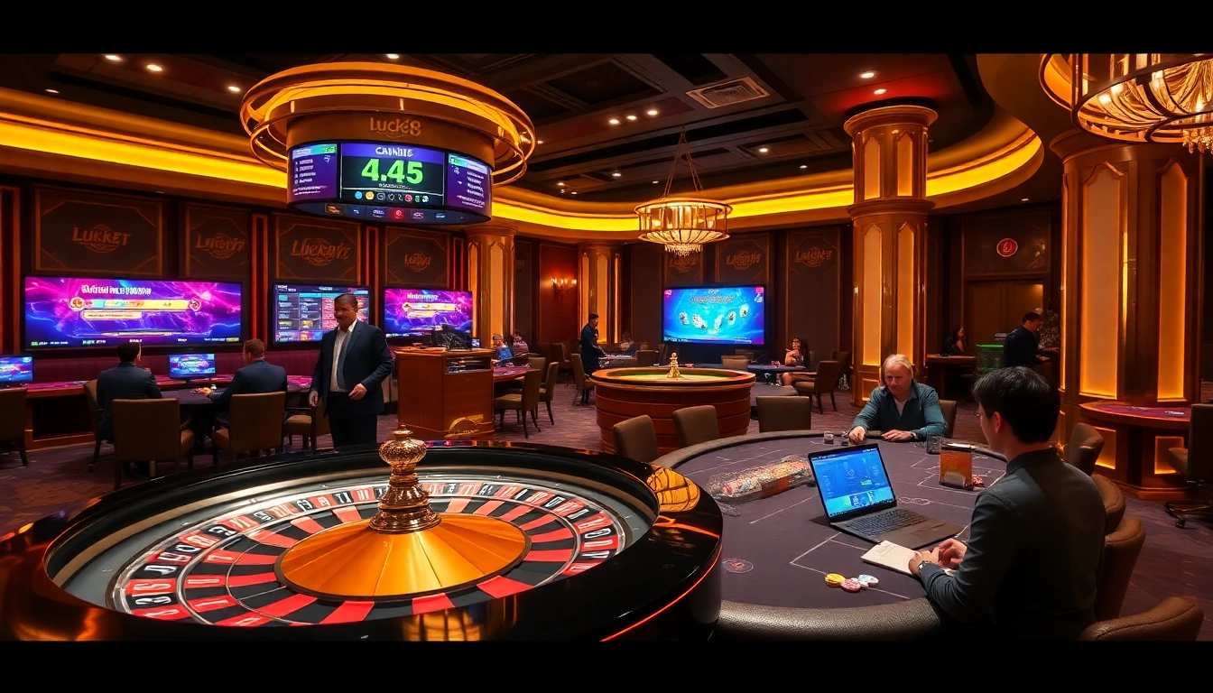 Players enjoy an exciting game at Luck8 casino with vibrant roulette and poker tables.