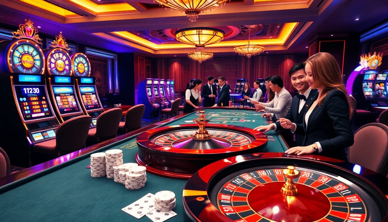 Experience the thrill of online gaming at win55 com with luxurious casino tables and vibrant slot machines.