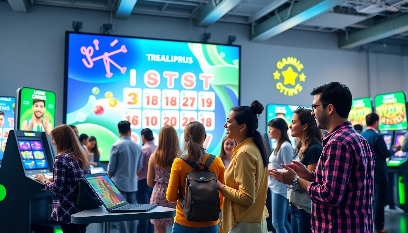 Exciting scene of diverse players engaging with 92lottery's interactive gaming platform, full of vibrant colors.