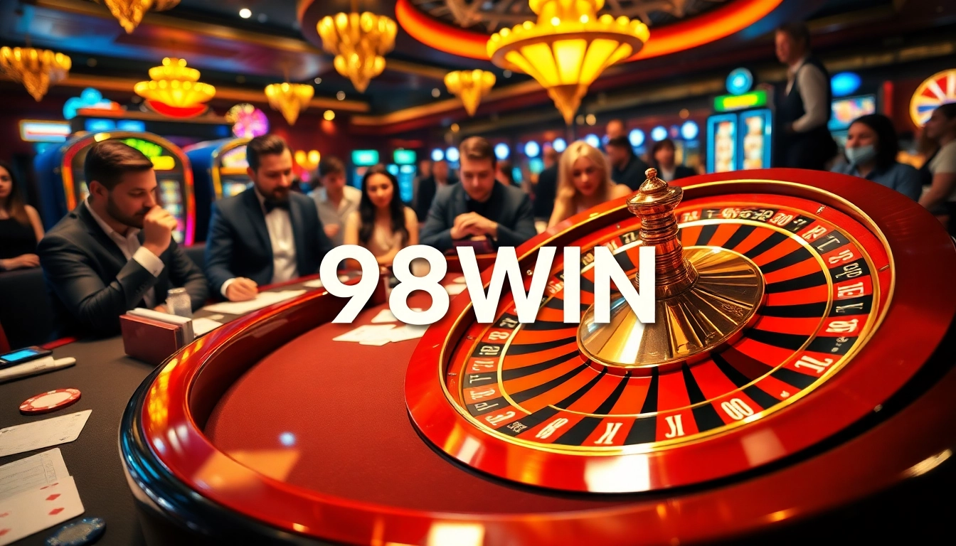Experience high-stakes gaming with 98WIN at an elegant casino table featuring chips and cards.