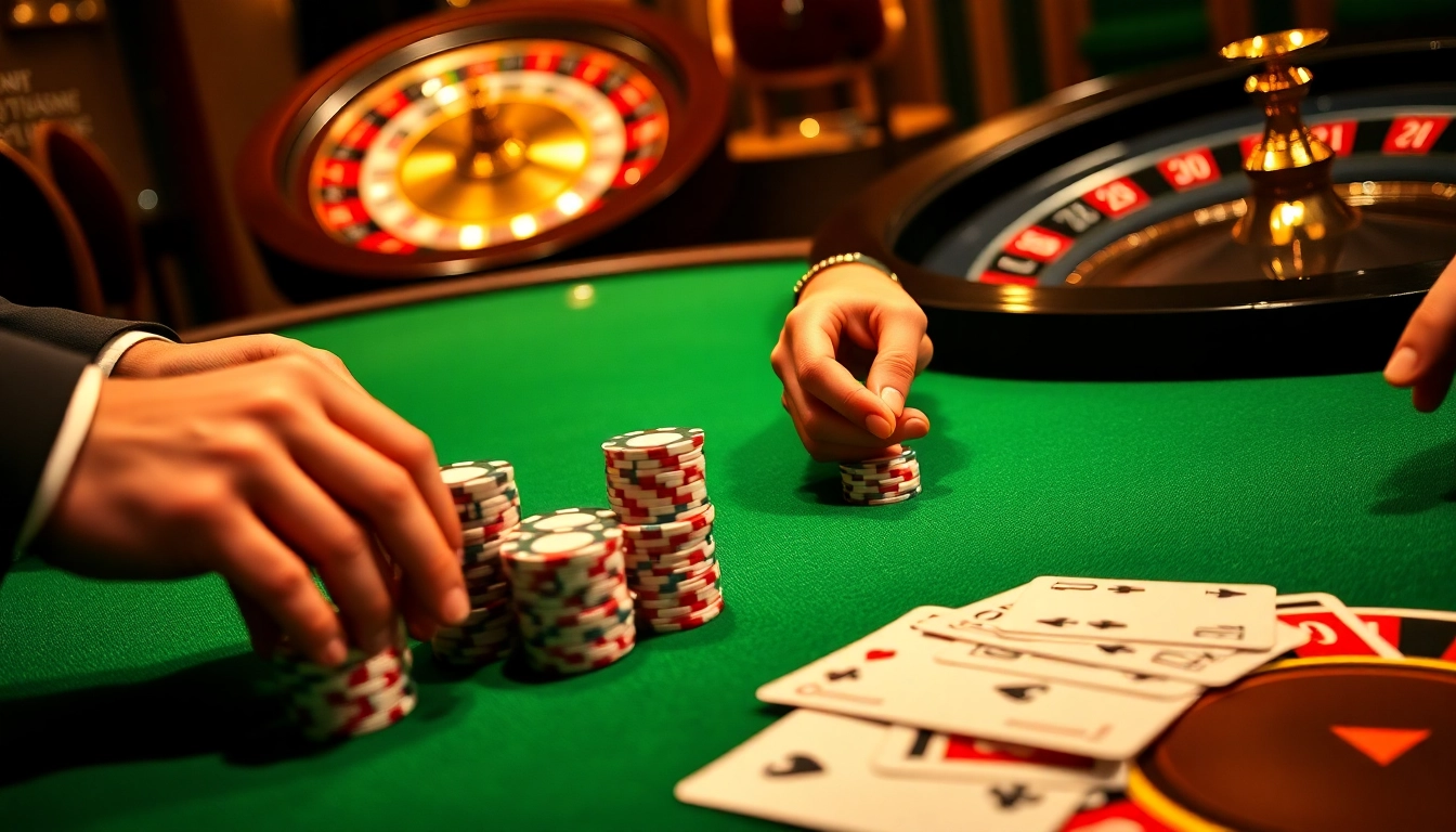 Exciting poker action at 39bet with vibrant chips and a roulette wheel backdrop.