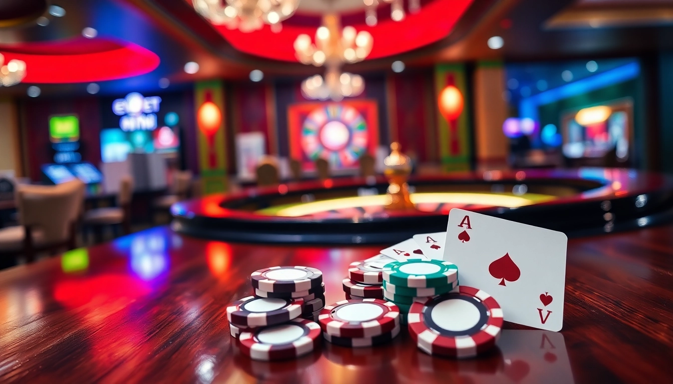 Experience thrilling gameplay at e2bet with a vibrant casino scene of roulette and poker.