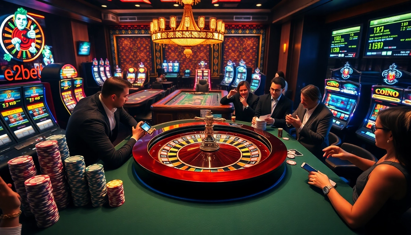 Players enjoying thrilling casino games inspired by e2bet.com, featuring roulette and poker.