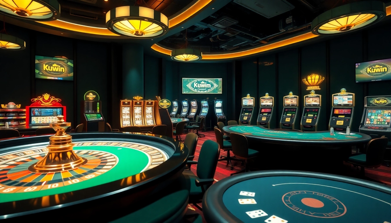 Kuwin casino scene showcasing an illuminated roulette table and slot machines in a luxurious setting.