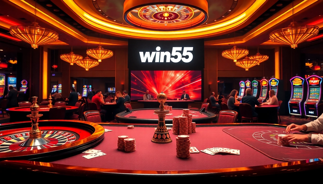 Win55 casino scene showcasing poker players and roulette with vibrant colors.
