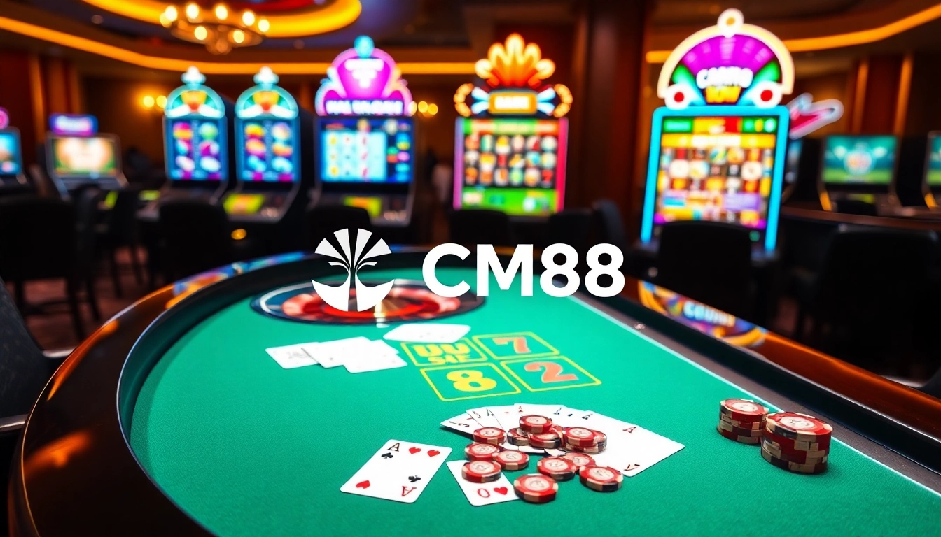 Experience the thrill of CM88 with vibrant casino games, poker chips, and roulette tables.