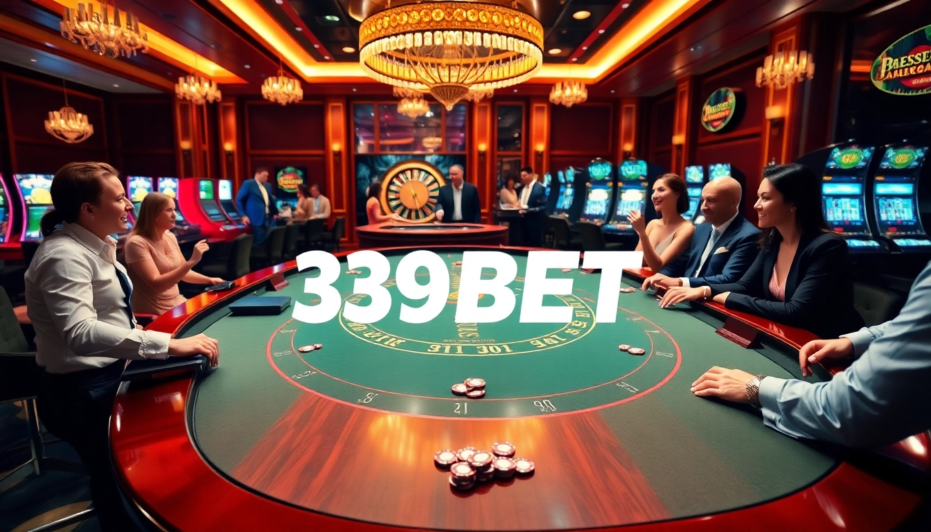 Players enjoying a thrilling game at the 39BET casino table surrounded by glamorous decor.
