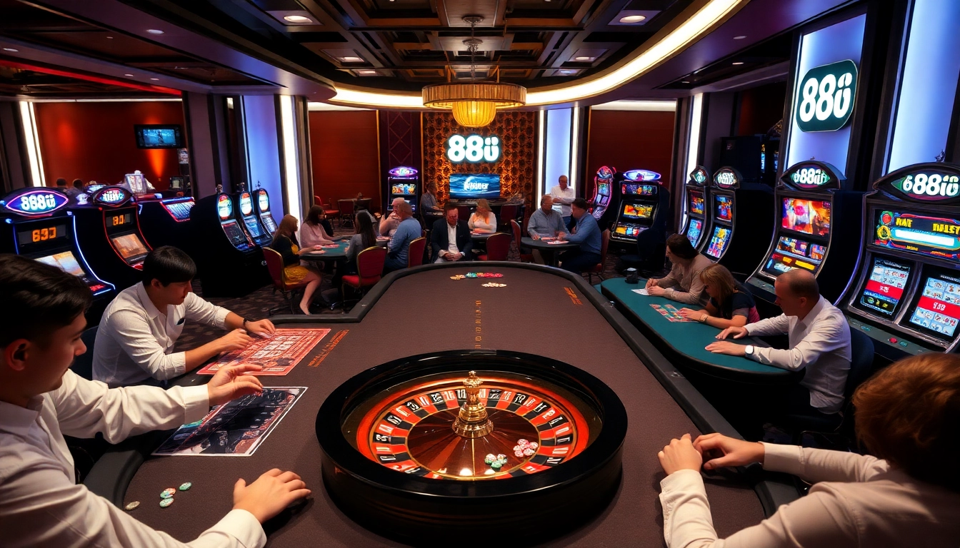 Players strategizing at a vibrant casino table featuring 88i elements, enjoying high-stakes gambling.
