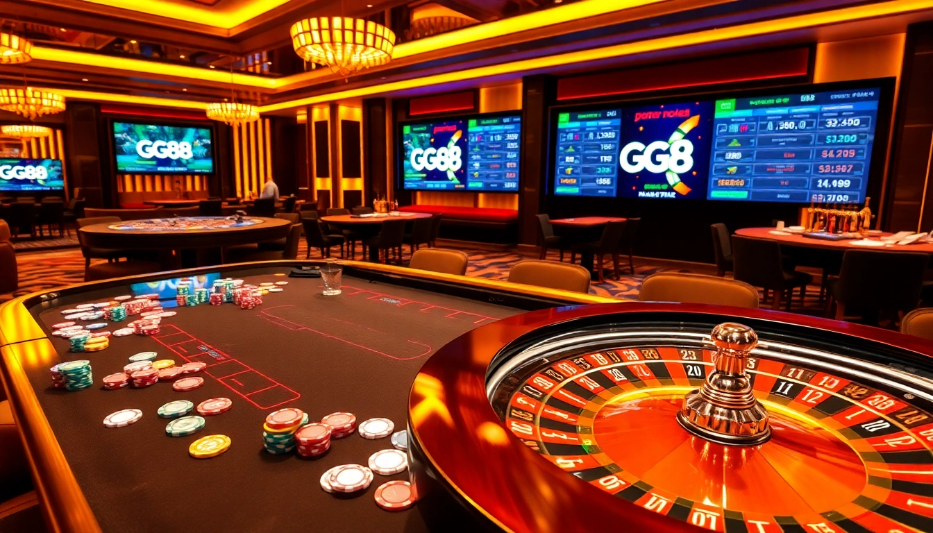 A vibrant casino scene at GG88 featuring a roulette wheel, colorful chips, and engaging gaming action.