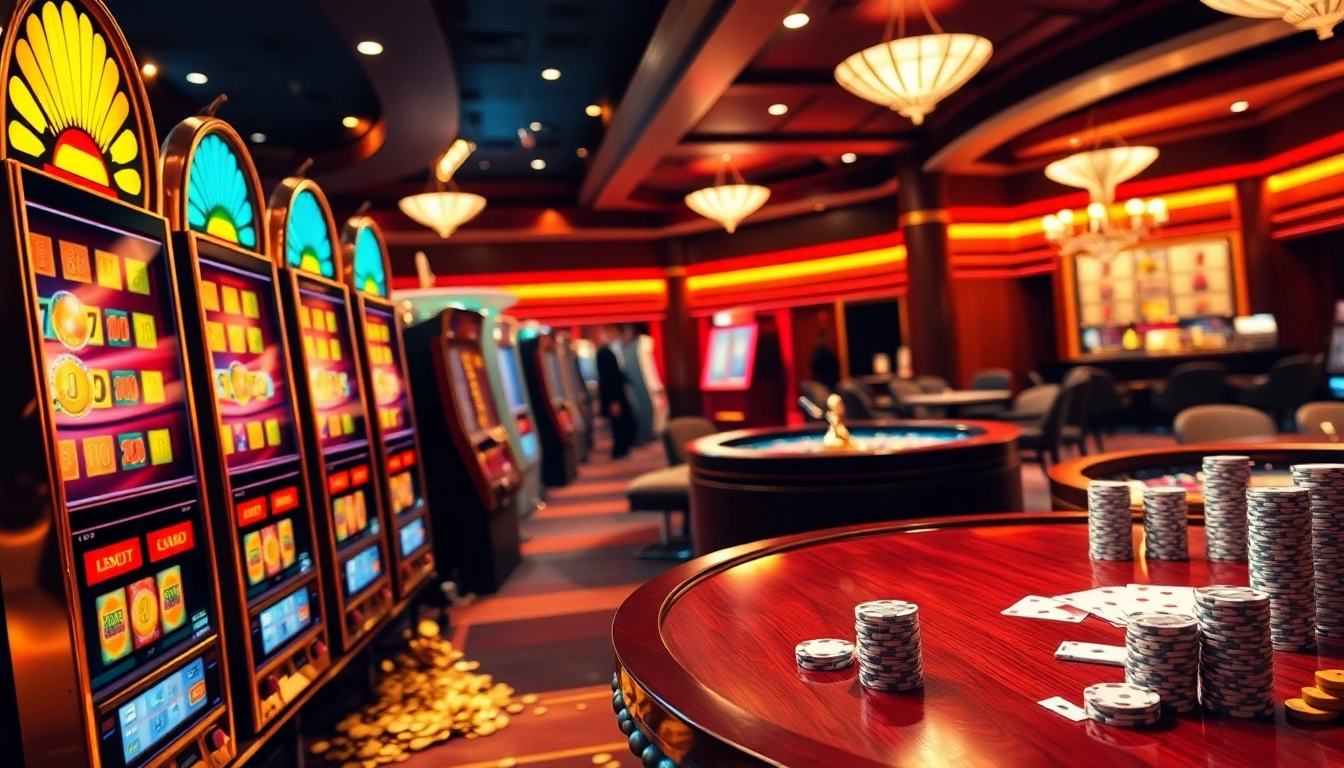 Adegan menarik para pemain yang menikmati slot pulsa di mesin-mesin berwarna-warni dengan lampu yang menyala dan dekorasi kasino.