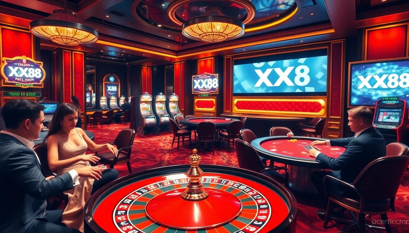Experience thrilling gameplay at XX88 in a vibrant casino, featuring poker, roulette, and high-stakes excitement.