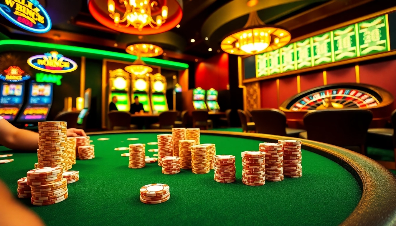 Experience the thrill of MM88 with players at a poker table and vibrant slot machines in action.