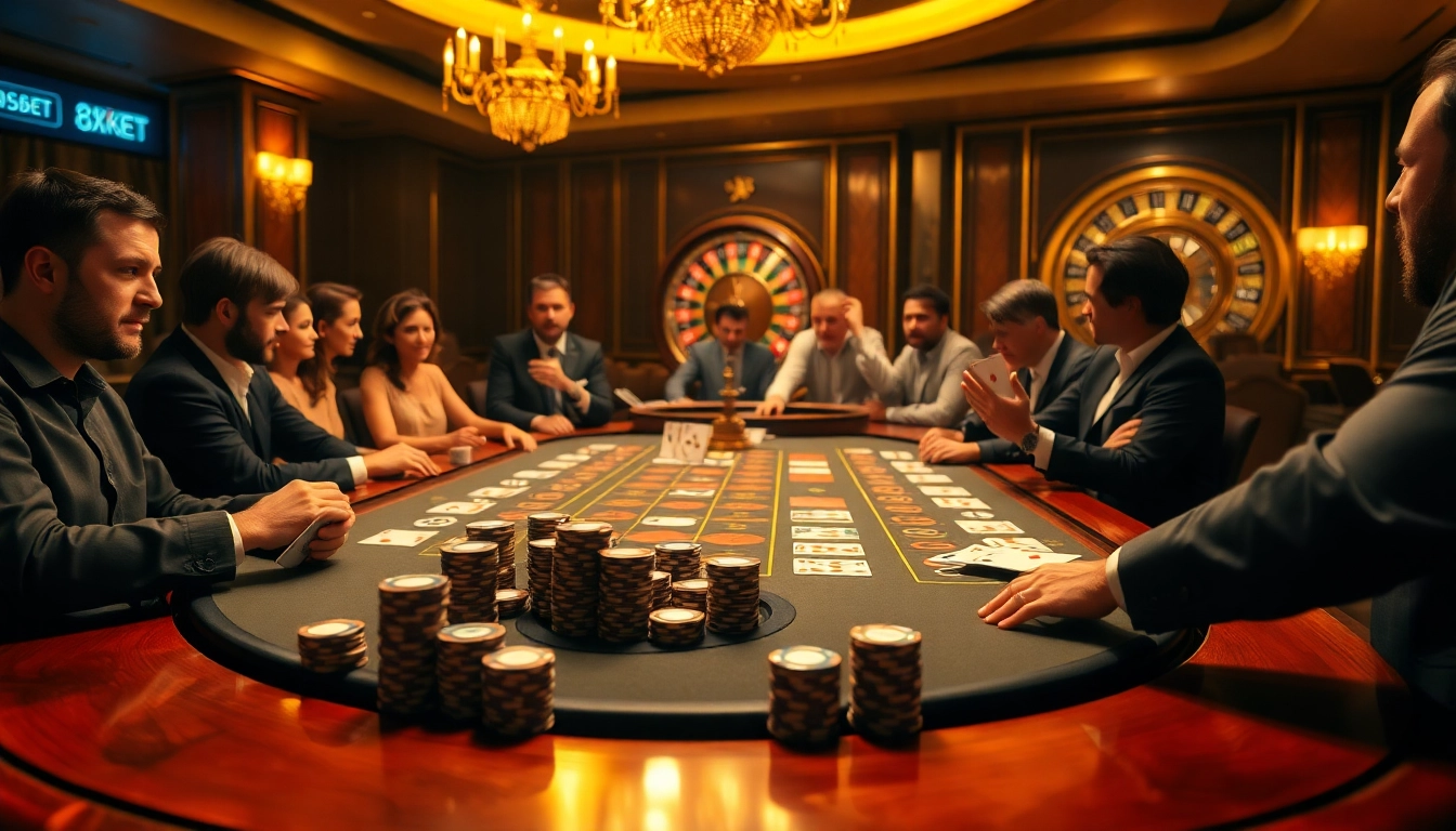 Players engaging in a thrilling poker game at a luxurious casino table featuring 8xbet branding.