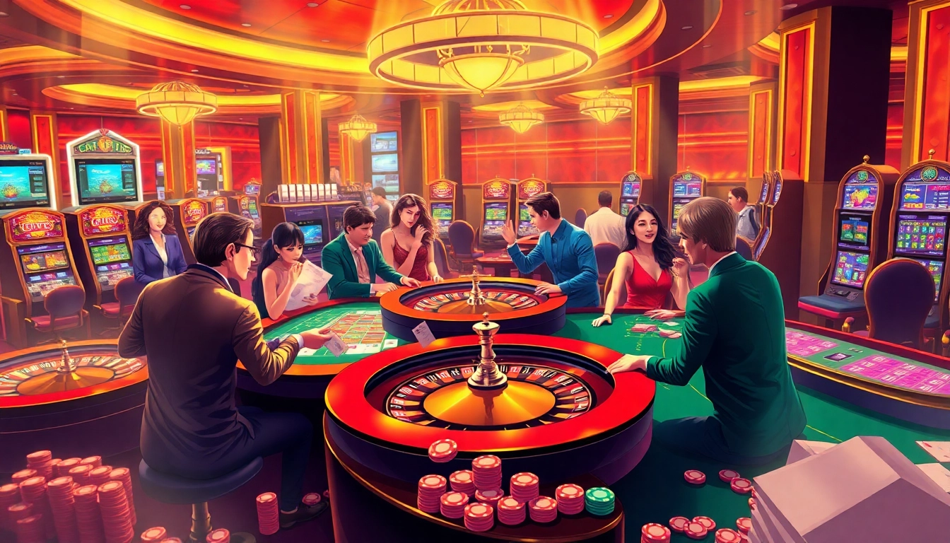 Players enjoy a high-stakes game at the vibrant casino with TPJ branding, excitement in the air.