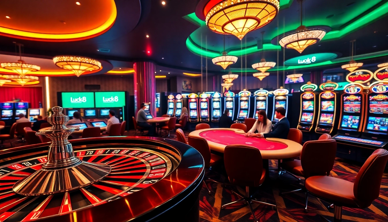 Experience premier gaming action at Luck8 with an engaging casino scene featuring roulette and poker tables.