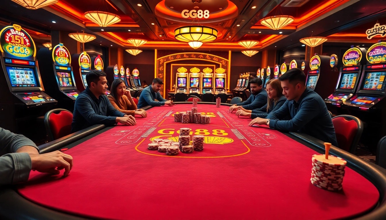 Players enjoying an exciting game at the GG88 poker table in a luxurious casino setting.