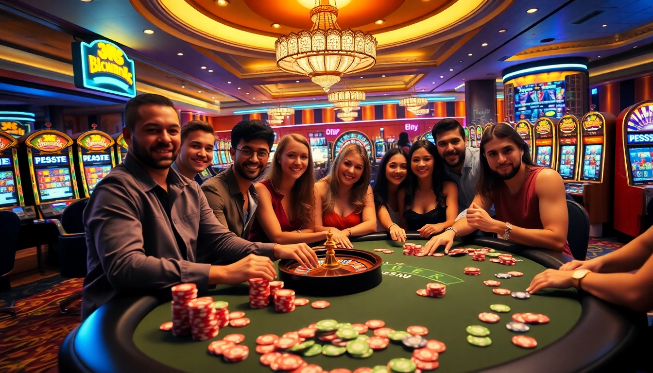 Players enjoying their time at the 33win casino with vibrant poker chips and a roulette wheel.