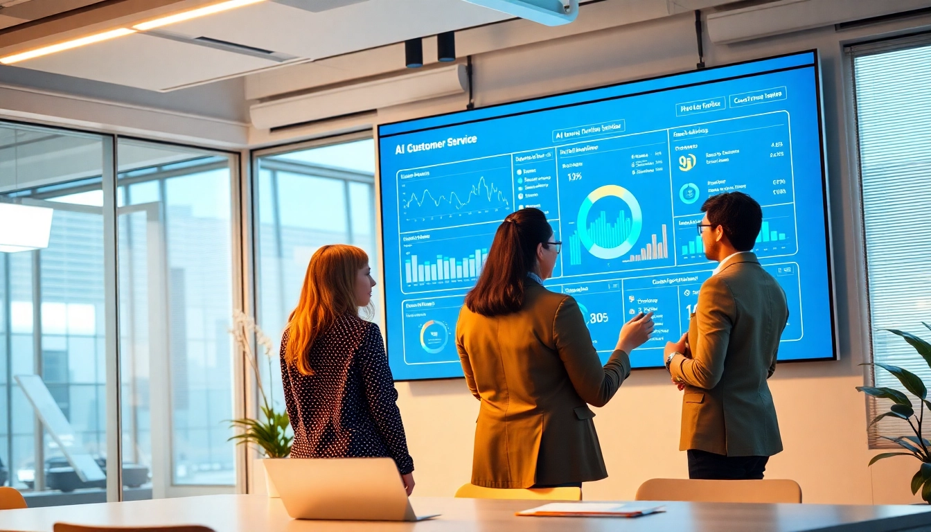 展示美洽官网 AI 客户服务仪表板的现代化办公室，来自不同背景的专业人士正在协作。