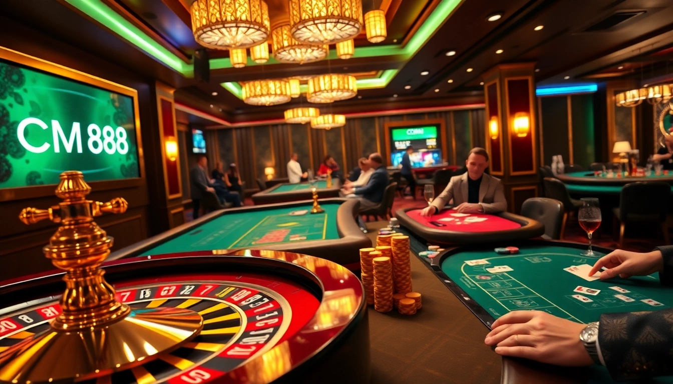 Players enjoying high-stakes gambling at a luxurious casino featuring the CM88 branding prominently.