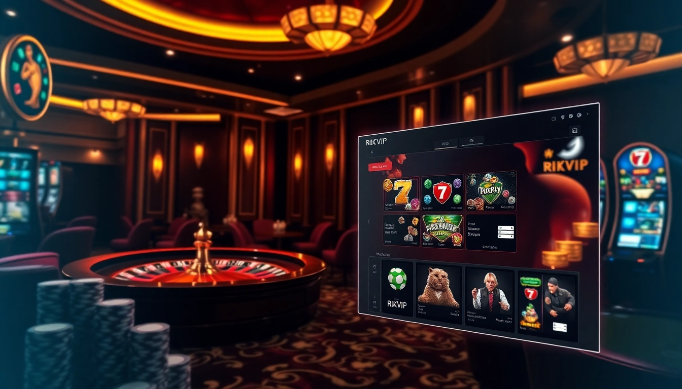 Experience the thrill of RIKVIP with vibrant gambling elements in a luxurious casino setting.