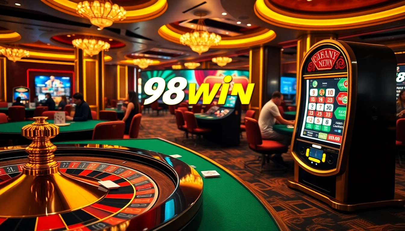 Betting at 98win with poker chips and a roulette wheel in a luxurious casino setting.