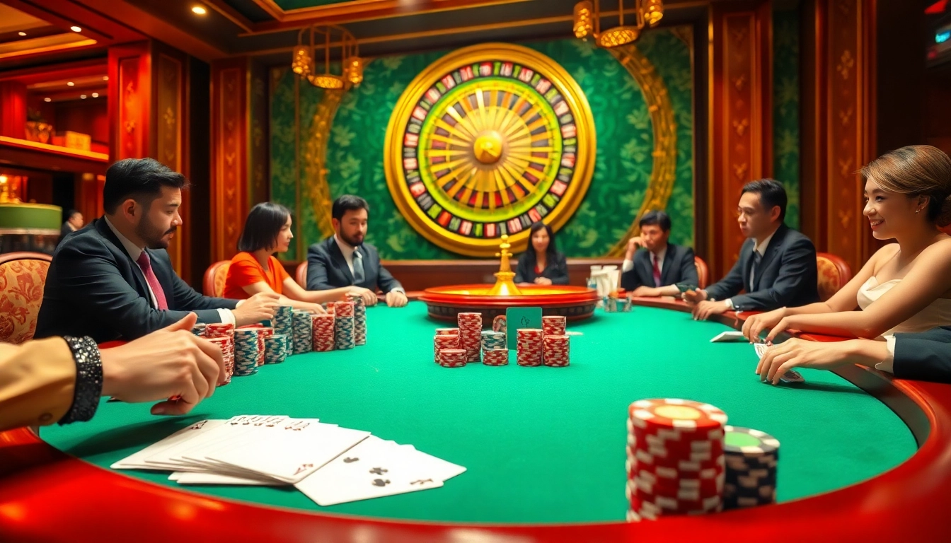 Engaged players enjoying game bài at a luxurious poker table with vibrant chips and cards.