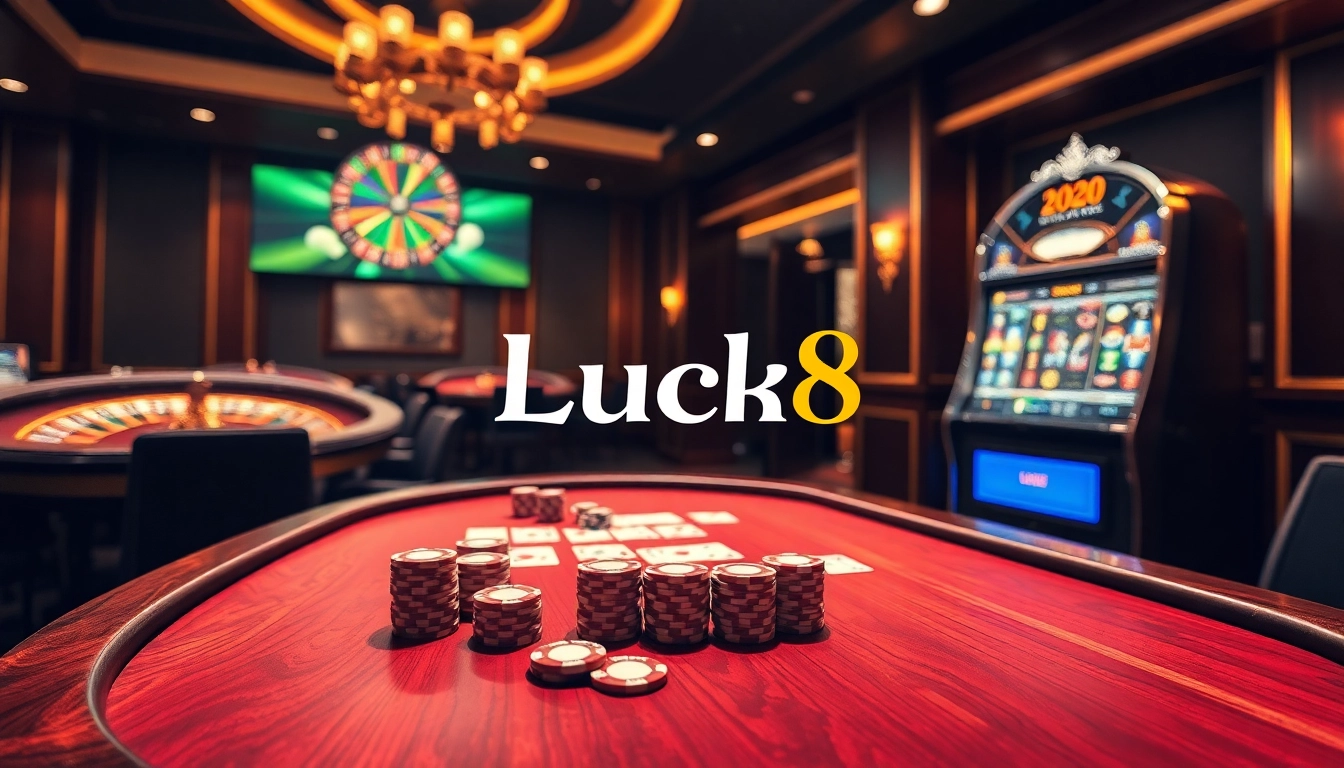 High-stakes poker game setup featuring Luck8 branding, chips, and roulette wheel spinning.