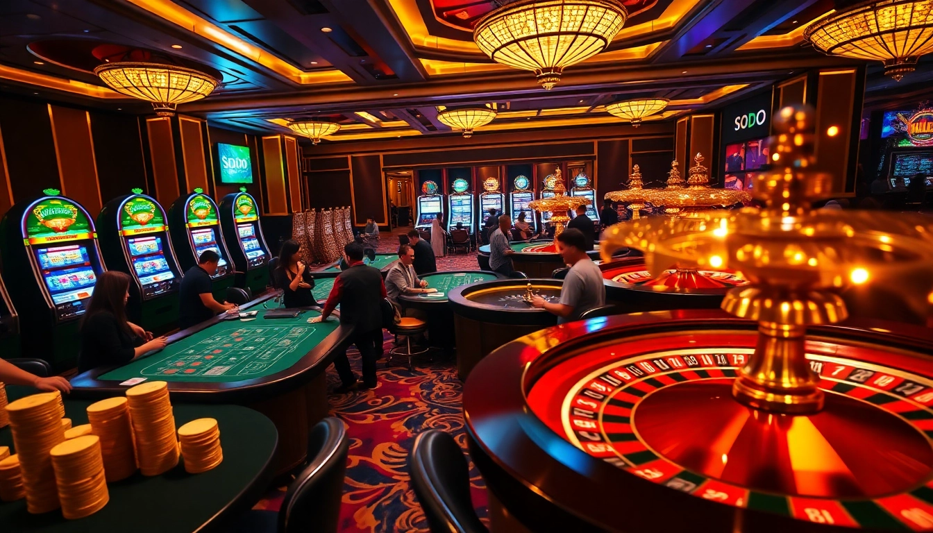 SODO casino scene with vibrant gaming tables, poker chips, and a lively atmosphere.