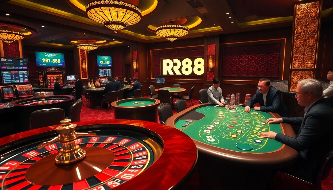 Gambling excitement at RR88 with players enjoying table games and vibrant casino visuals.