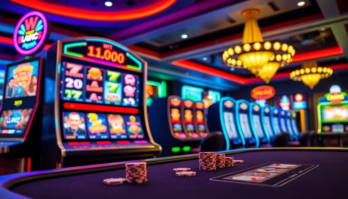 Pemandangan menarik mesin slot untuk slot deposit 1k dengan lampu berwarna-warni, mengundang permainan, dan suasana kasino.