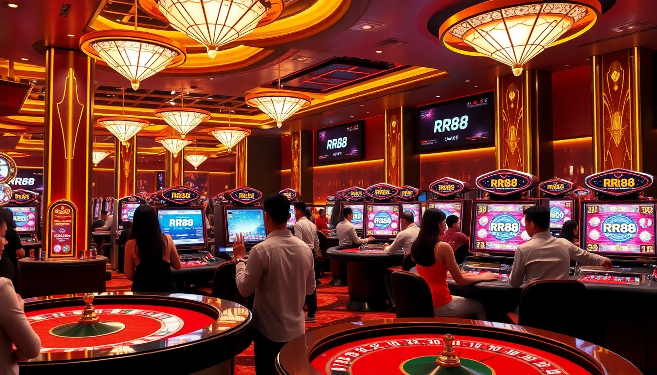 RR88 casino gamers enjoying vibrant slot machines and roulette tables in a luxurious setting.