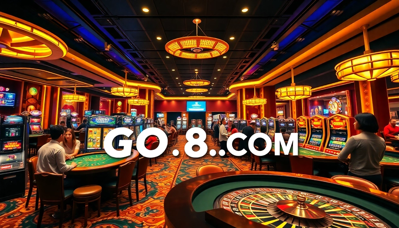 Players enjoying classic casino games at GO8.COM, featuring vibrant tables and slot machines in a luxurious atmosphere.