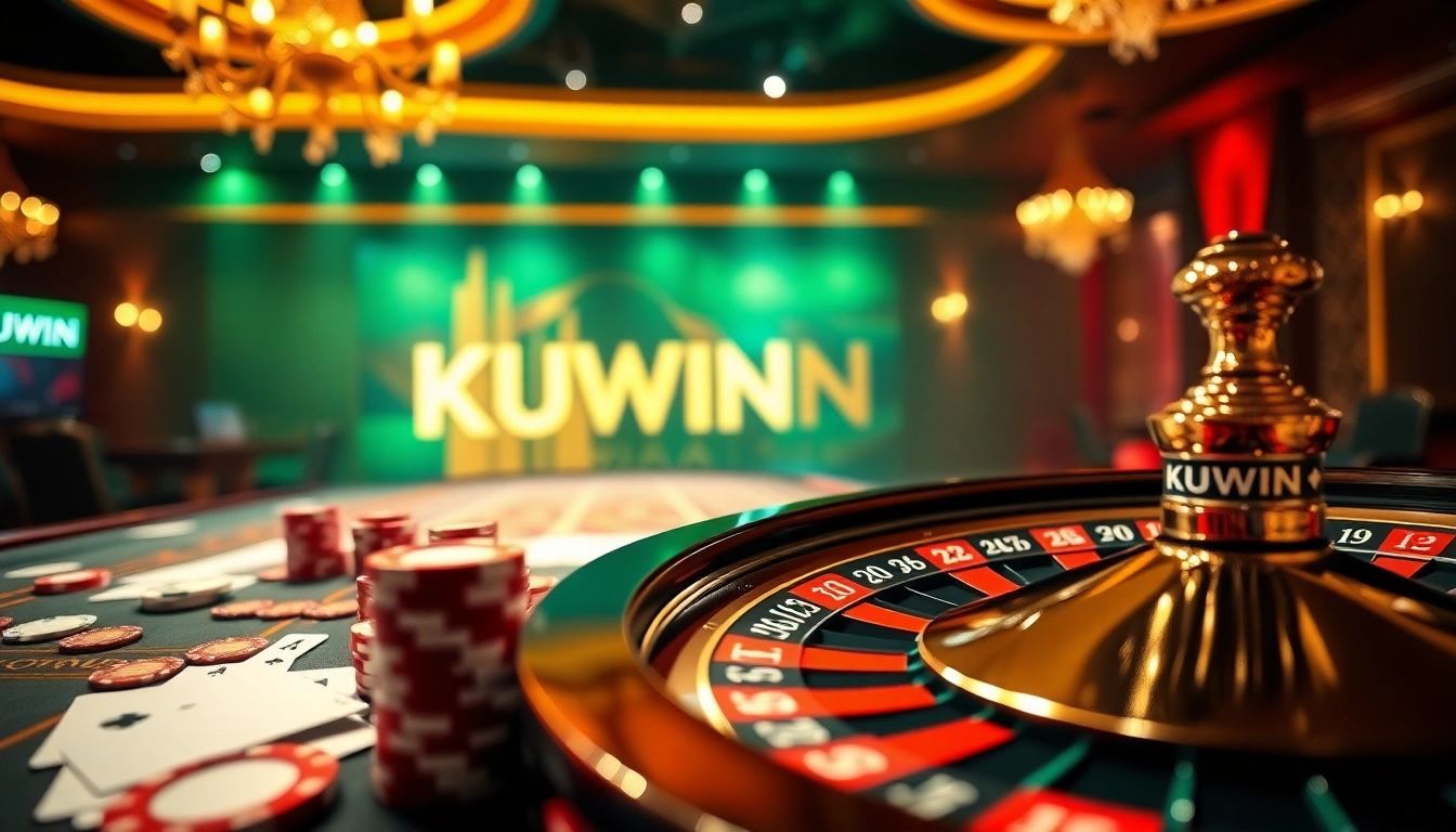 KUWIN online casino interface showcasing poker chips and roulette wheel in a vibrant setting