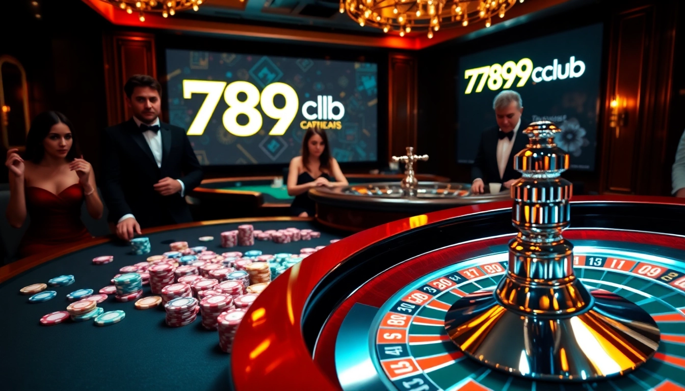 Players enjoying their time at 789club with poker chips and a roulette wheel in a vibrant casino setting.
