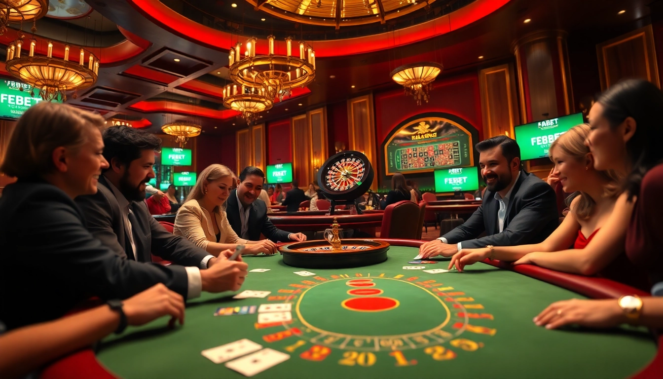 FEBET players enjoying the thrill of poker in a luxurious casino setting, showcasing excitement and strategy.