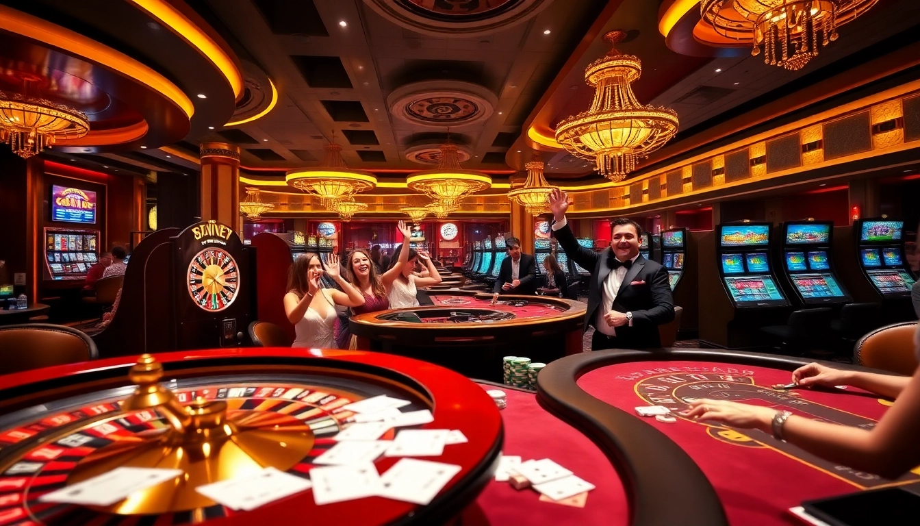 Thrilling gambling action at 33BD with vibrant tables, excited players, and luxurious casino decor.