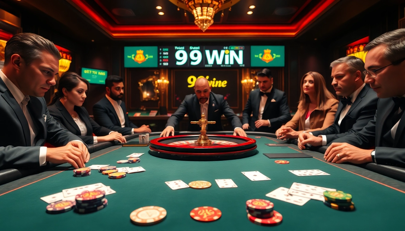 Engage with high-stakes poker at 99win's luxurious casino tables, showcasing intense gameplay.