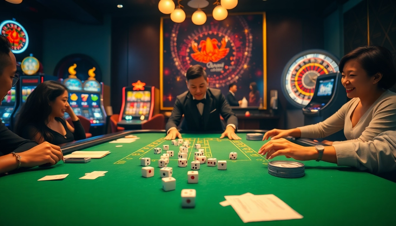 Players engaging in Tài Xỉu MD5 at a luxurious casino table with exciting dice action.