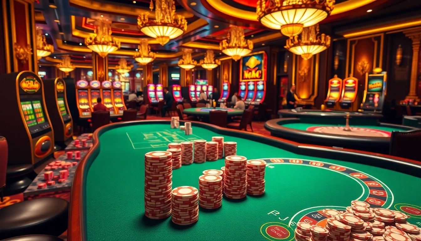 Exciting view of a luxurious casino with vibrant games and nohu-themed decor featuring poker chips and slot machines.
