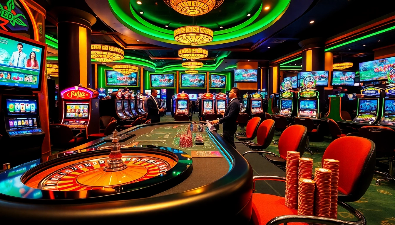 Experience high-stakes gaming at liên minh KJC, featuring elegant casino tables and vibrant gaming machines.