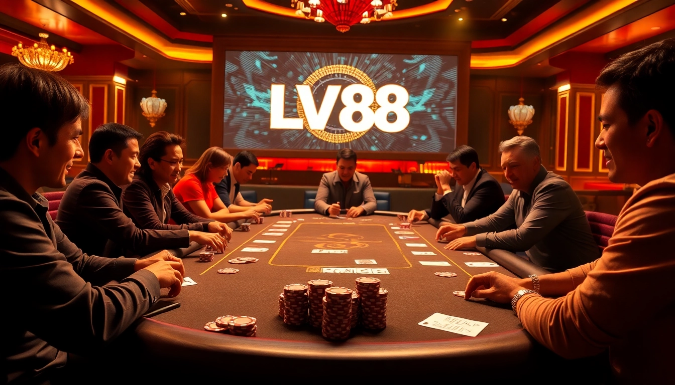 Players immersed in a luxurious LV88 casino atmosphere at a poker table.