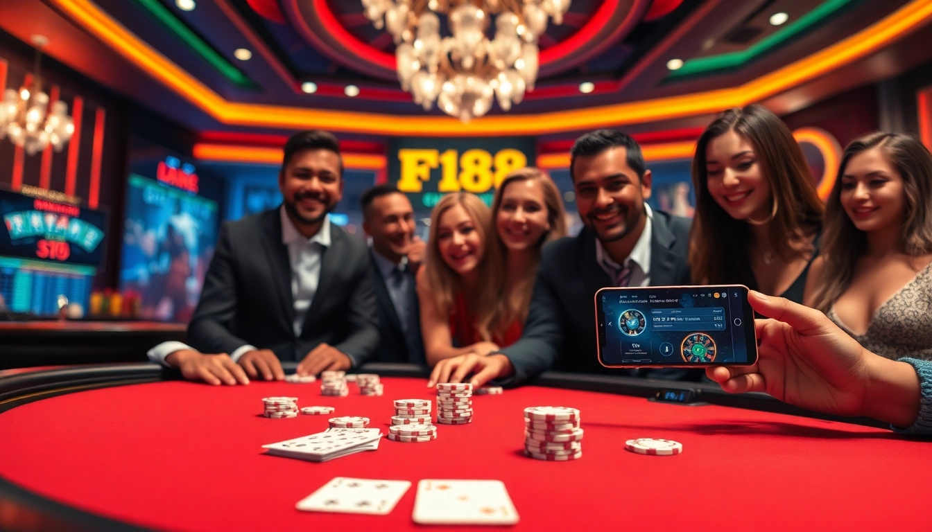 F168 players enjoying a vibrant poker game at a luxurious casino table.