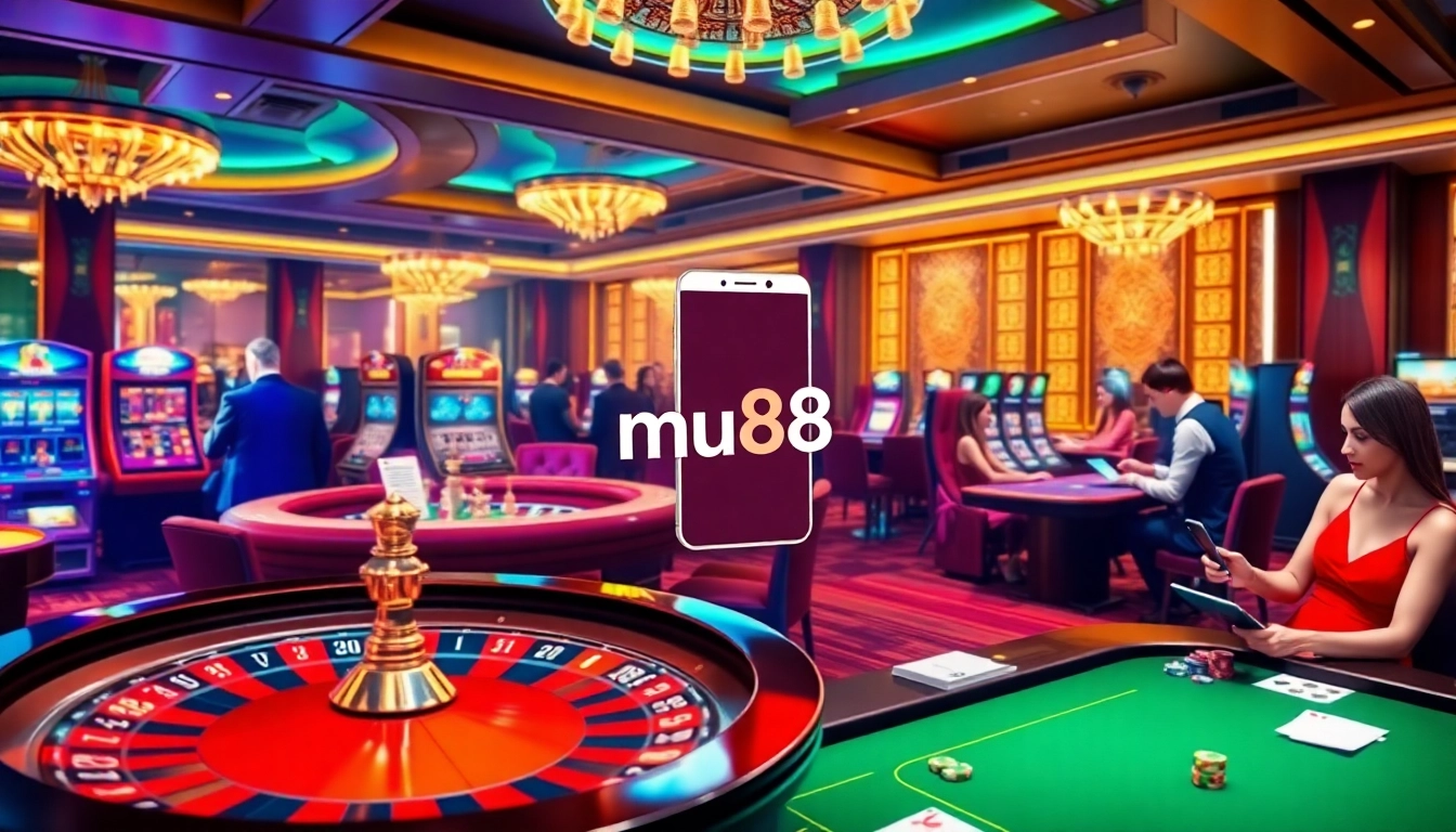Players enjoying the mu88 app at a vibrant casino, capturing a thrilling betting experience.