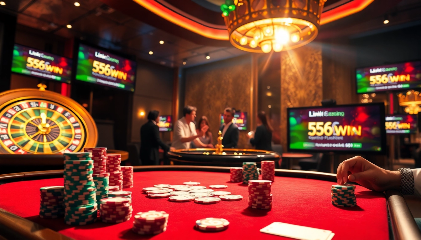 Engaging poker game scene with Link 56WIN logo and vibrant casino atmosphere.