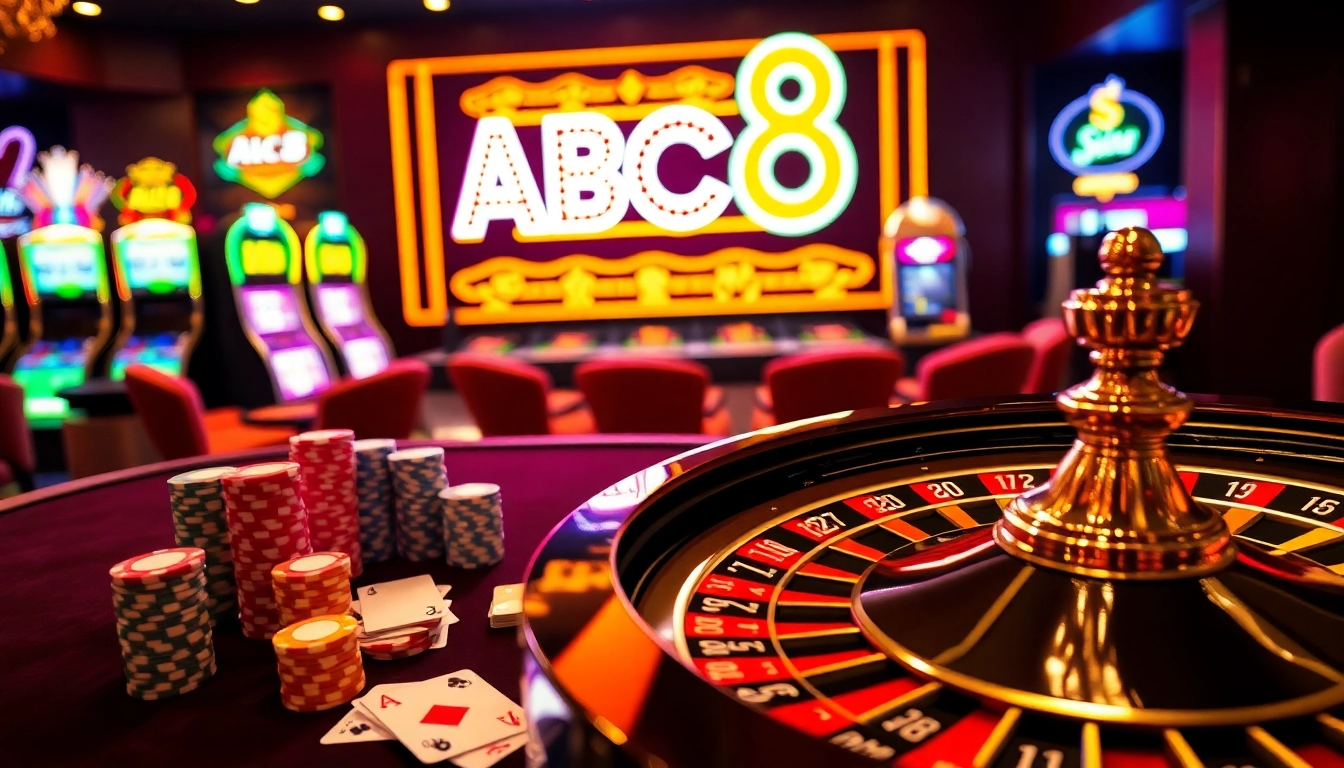 Experience the thrill of casino gaming featuring ABC8 on a roulette table and vibrant poker chips.