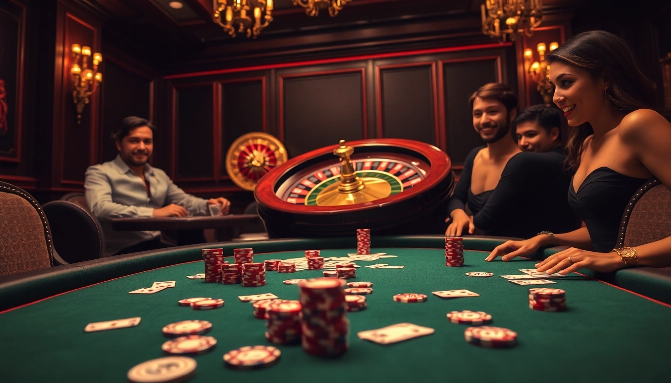Players engaging with the exciting LUCK8 poker table surrounded by vibrant casino elements.