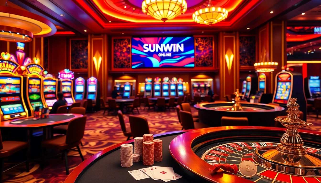 SUNWIN gaming experience with players at poker tables and colorful slot machines in a luxurious casino setting.